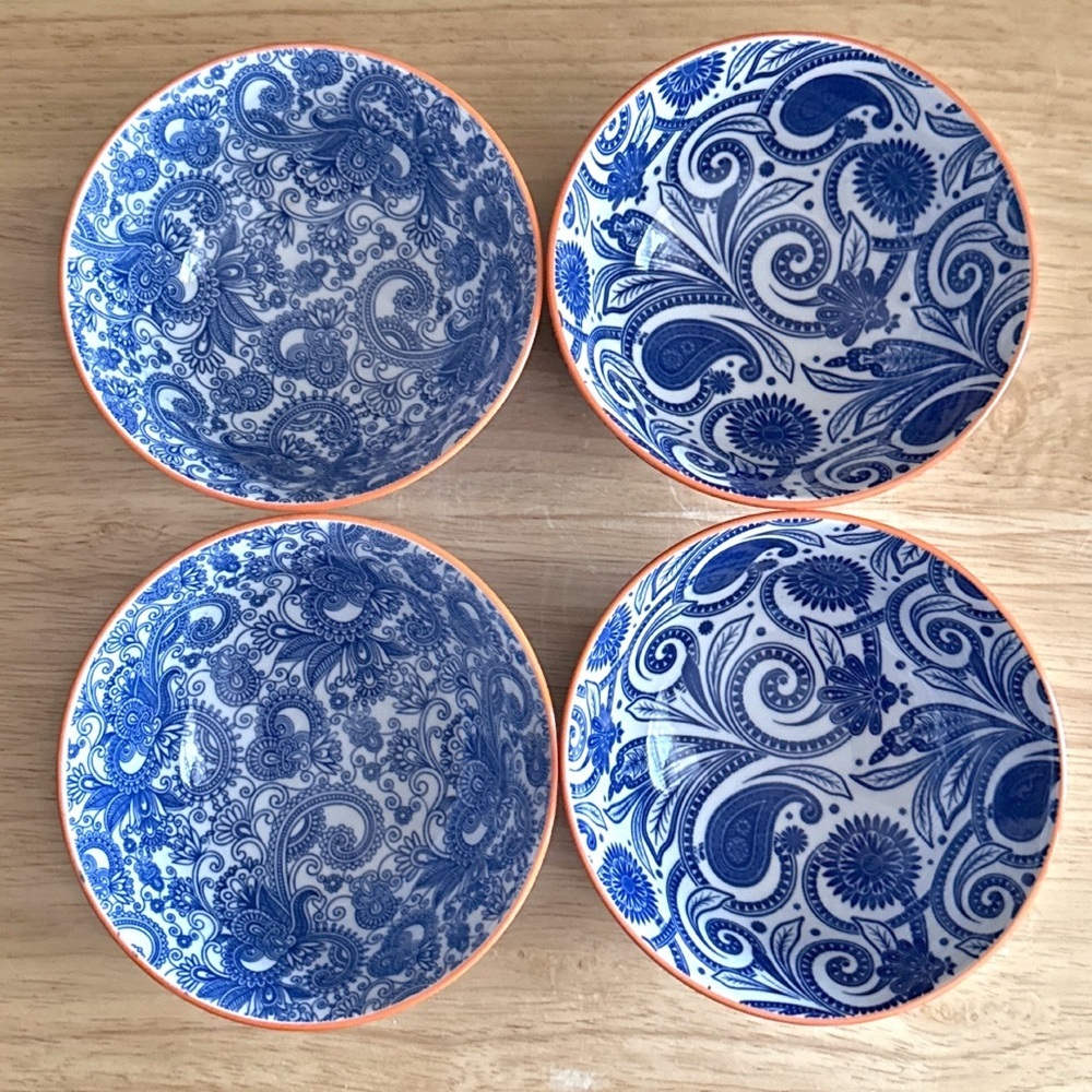 Ooh La La by BIA Cordon Bleu Paisley Floral Orange Rim Porcelain Bowls Set of 4 - Picture 3 of 8